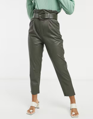 Stradivarius faux leather paperbag trousers in khaki | ASOS (Global)