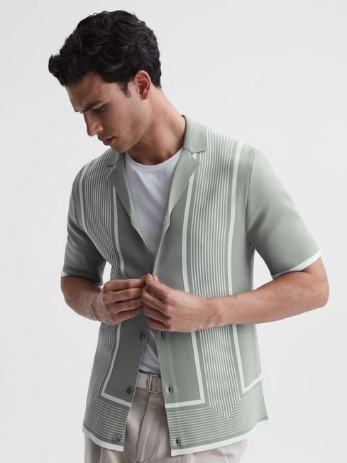 Reiss Sage/White Heath Striped Cuban Collar Shirt | Reiss UK