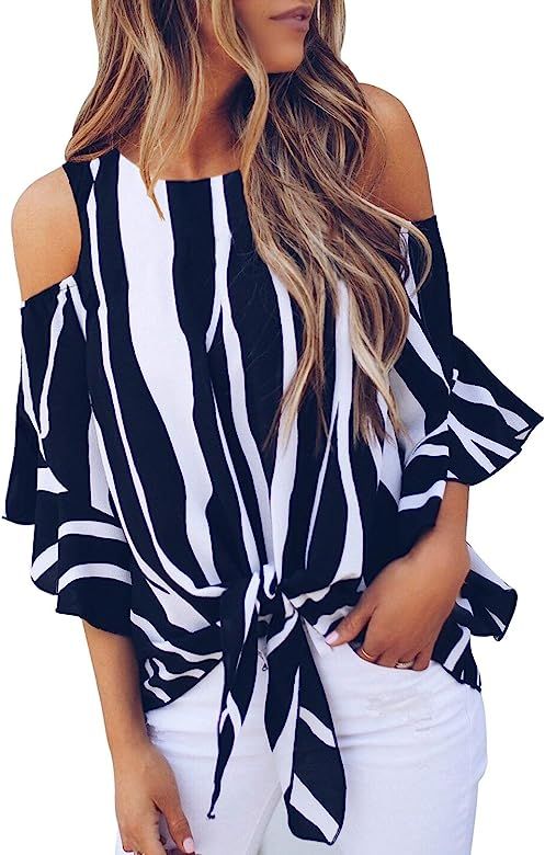 Women's Striped Bell Sleeve Shirt Tie Knot Casual Blouses Tops | Amazon (US)