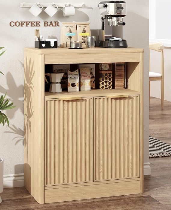 Fluted Buffet Cabinet with Storage, Small Coffee Bar Cabinet with Doors & Adjustable Shelves, Woo... | Amazon (US)