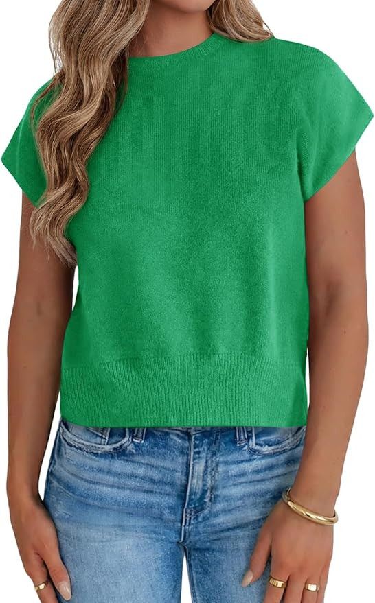Saodimallsu Womens Short Sleeve Sweaters Casual Summer Crew Neck Loose Basic Cap Sleeve Knit Pull... | Amazon (US)