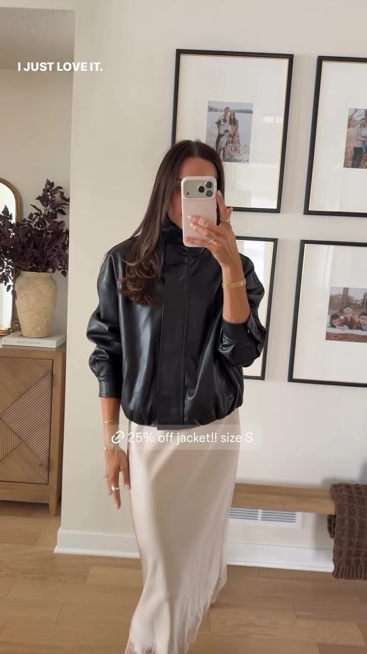 Funnel neck leather bomber jacket is true to size! Wearing a S for reference in the jacket and skirt

#LTKSaleAlert #LTKootd #LTKSeasonal