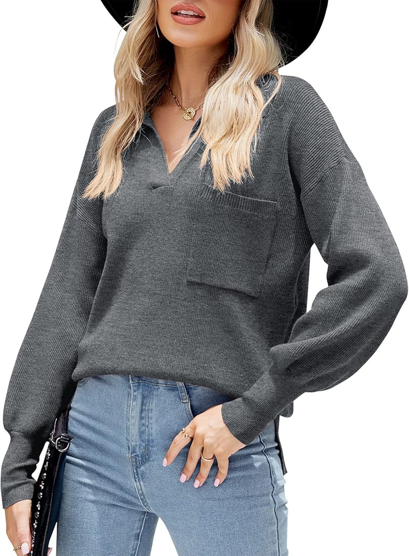 Micoson Womens Oversized Puff Long Sleeve Polo Sweater V Neck Drop Shoulder Side Slit Ribbed Knit... | Amazon (US)