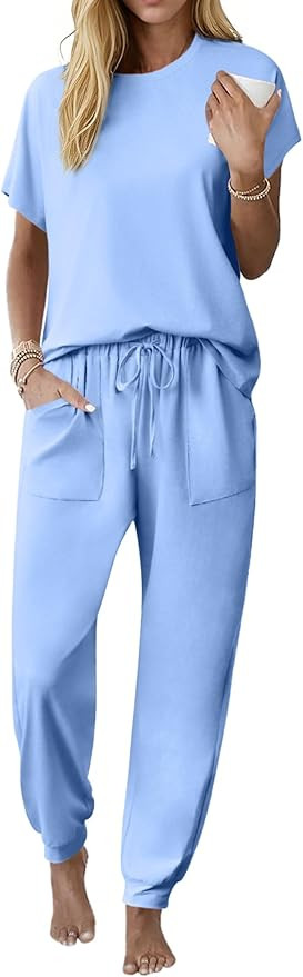 Ekouaer Womens Pajama Sets Short Sleeve Pj Top With Jogger Pants 100% Cotton Pajamas 2 Piece Loun... | Amazon (US)