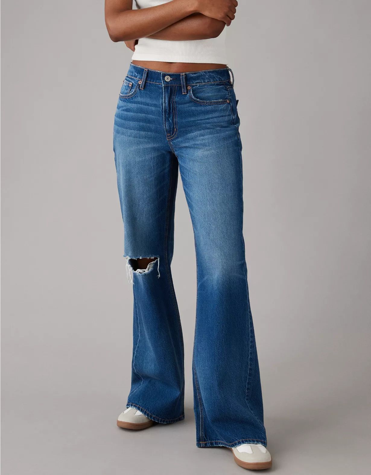 AE Dreamy Drape Strigid Ripped Low-Rise Baggy Flare Jean | American Eagle Outfitters (US & CA)