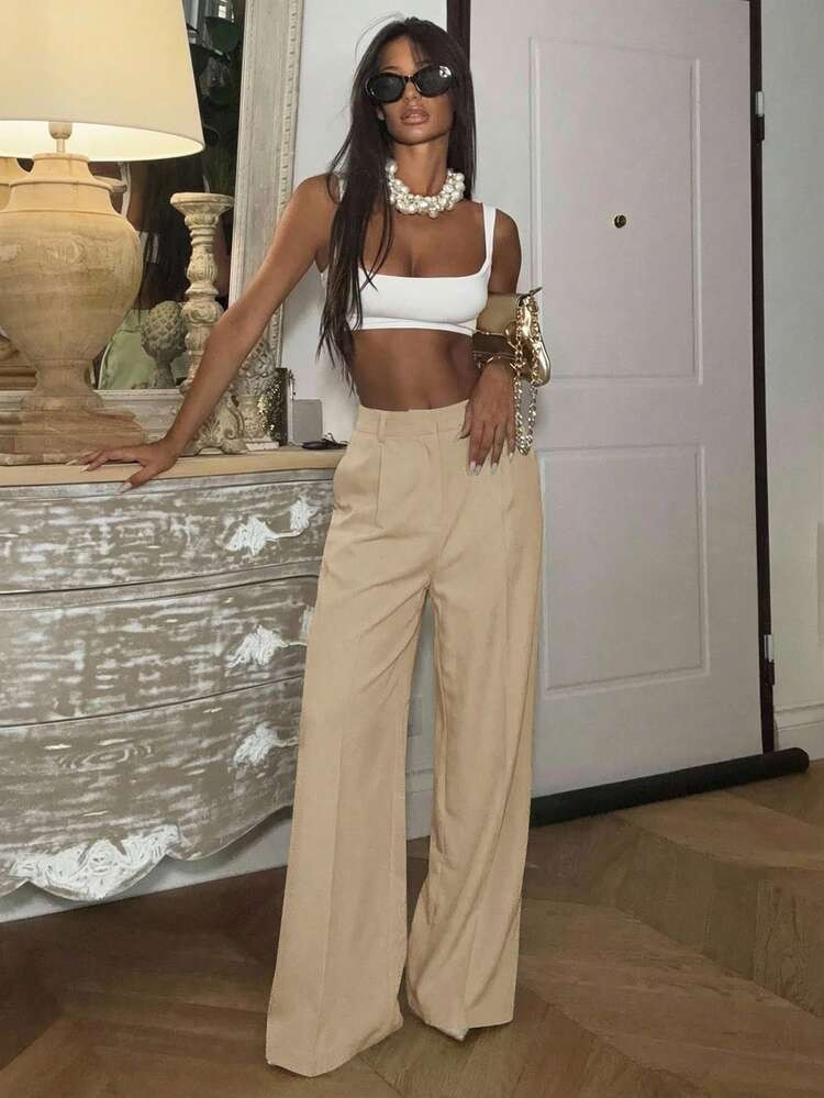 Ronhire Solid Color Elegant & Modern Straight-Leg Suit Pants, Suitable For Vacation, New Year's | SHEIN