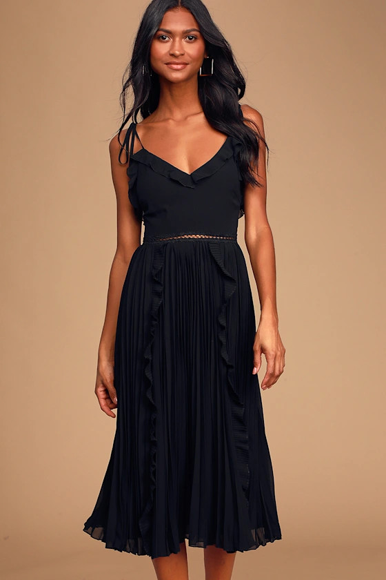 Never a Dull Moment Black Tie-Strap Pleated Midi Dress | Lulus (US)