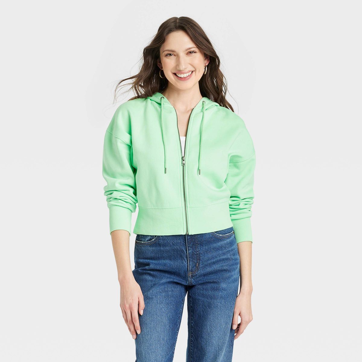 Women's Cropped Hooded Zip-Up Sweatshirt - Universal Thread™ Green M | Target