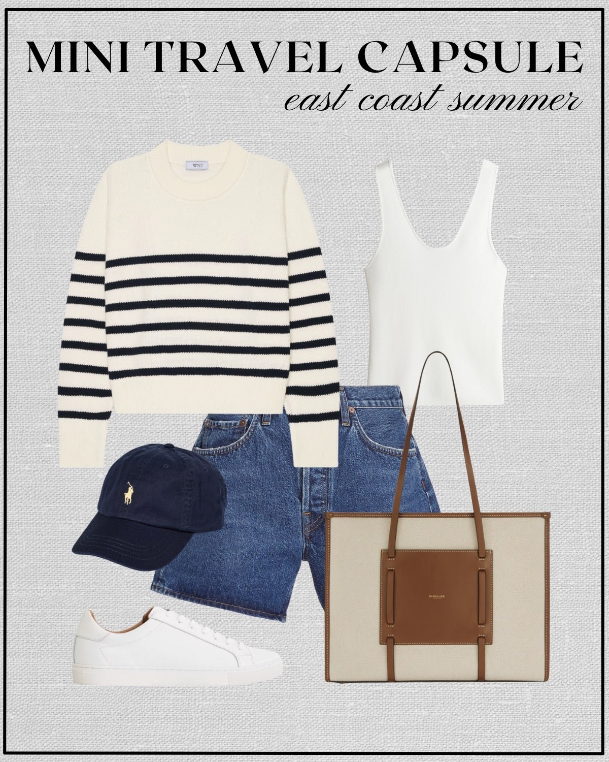 Mini travel capsule: east coast summer outfit inspo

Summer style / casual style /striped sweater / white cami / denim shorts / baseball cap / white sneakers / Demellier tote 

#LTKStyleTip #LTKTravel