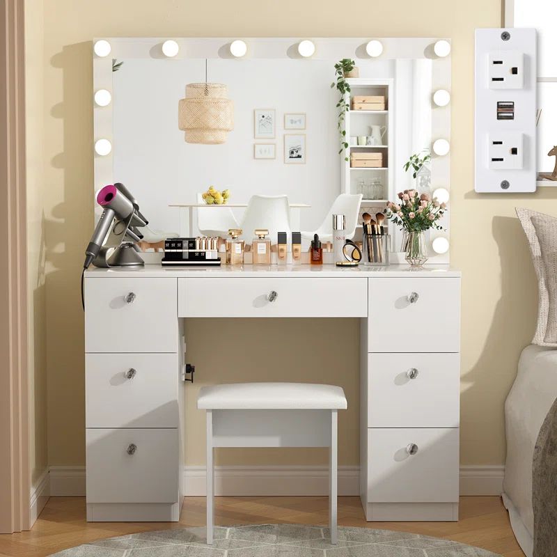 Cotati Vanity Set with 7 Large Drawers and Outlets | Wayfair North America