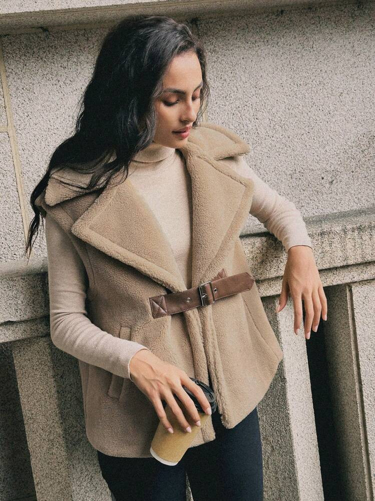 SHEIN x Carly Lawrence Anewsta Women's Warm Fleece Lined Suede Long Sleeve Long Casual Vest, Autu... | SHEIN