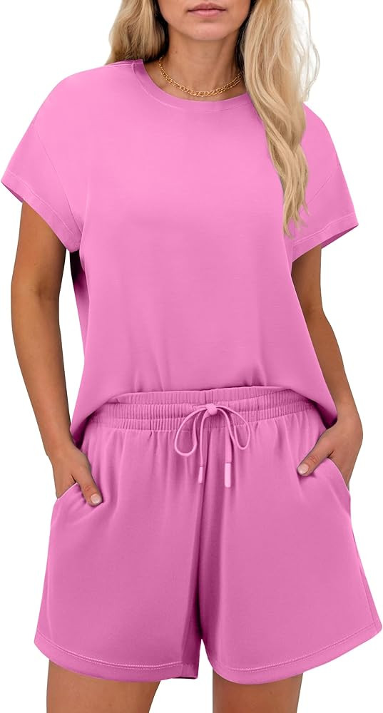 PINSPARK 2 Piece Sets for Women Summer Crewneck Matching Shorts Lounge Set with Pockets Casual Tr... | Amazon (US)
