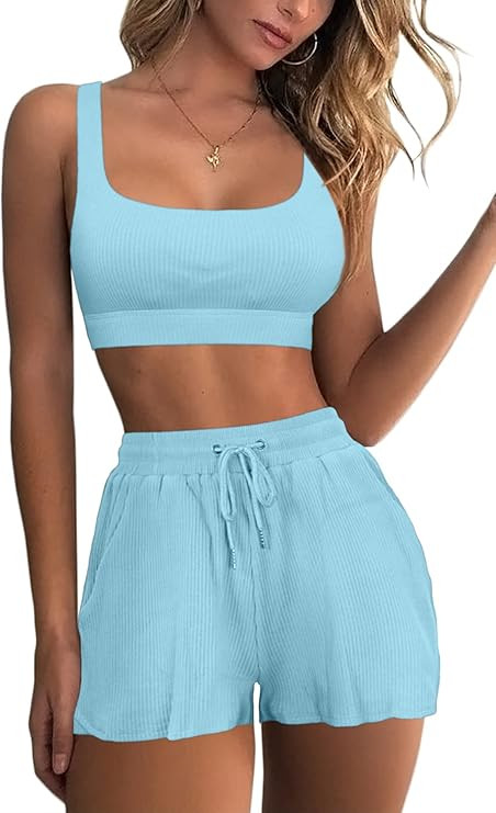 Mulisky Women’s 2 Piece Workout Outfits Ribbed Seamless High Waist Yoga Sports Shorts with Pock... | Amazon (US)