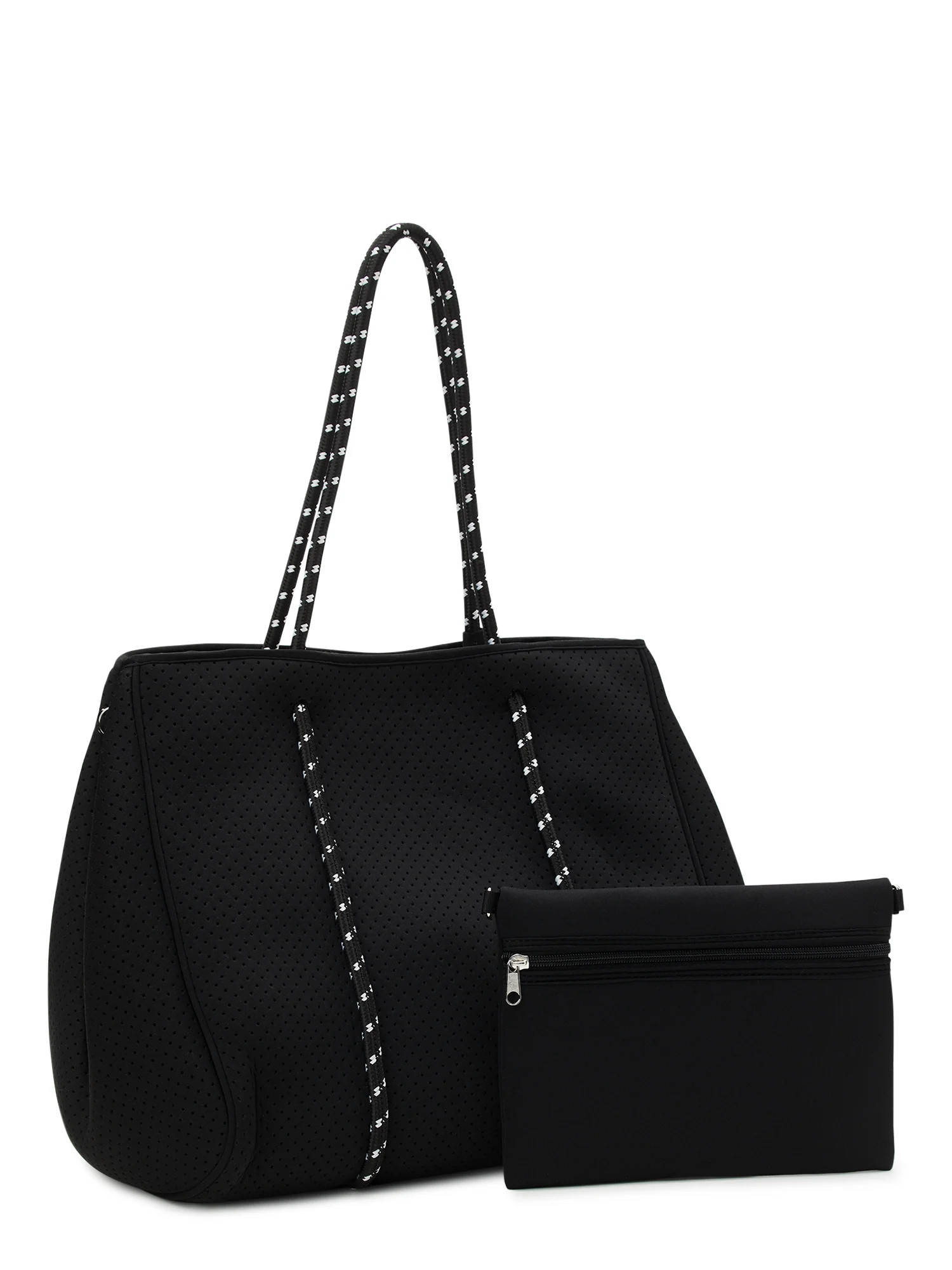 No Boundaries Women's 2-Piece Neoprene Beach Tote Handbag with Removable Zipper Pouch, Black | Walmart (US)