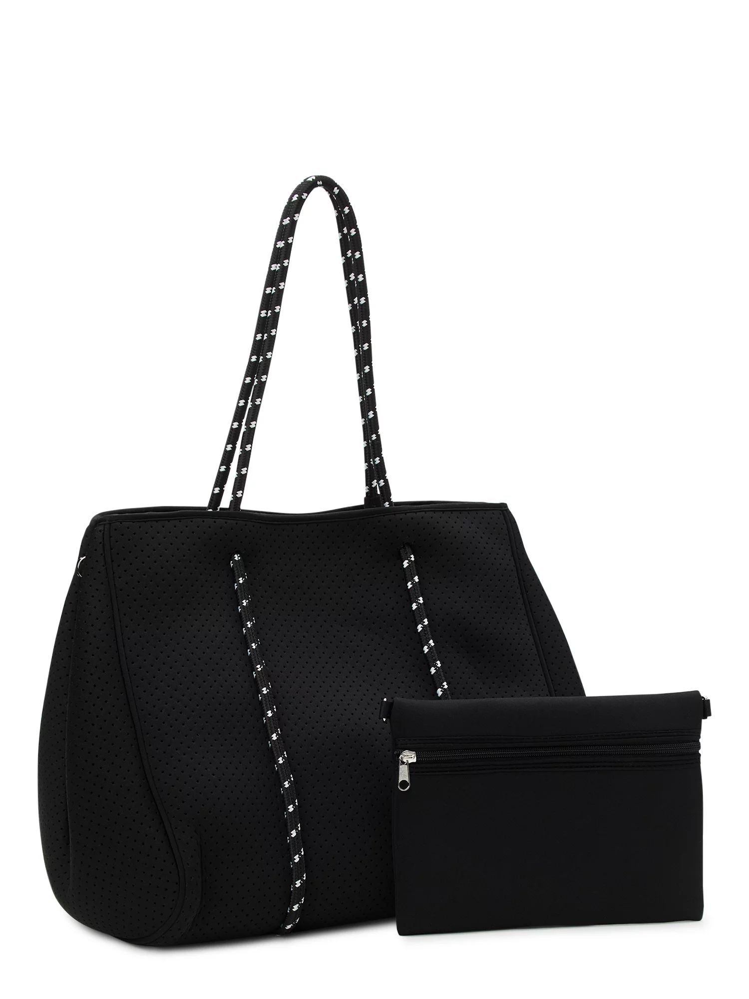 No Boundaries Women's Neoprene Tote Bag with Removable Zipper Pouch, Black, 2-Piece | Walmart (US)