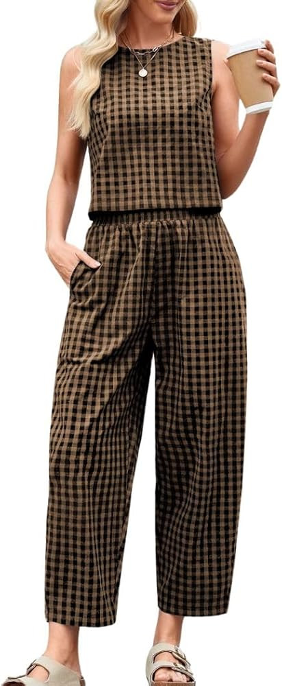 Women's 2 Piece Lounge Outfits Plaid Sleeveless Tank Tops Pullover High Waist Wide Leg Barrel Pan... | Amazon (US)