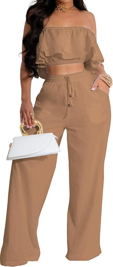 Elegant Two Piece Clothing Sets for Women Sexy Crop Top Long Wide Leg Pants Swimwear Bikini Cover... | Amazon (US)