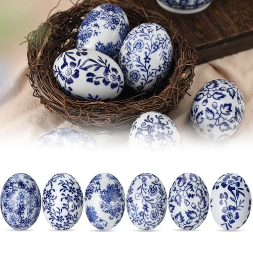 Bucherry 6 Pcs Ceramic Easter Eggs Decorations Chinoiserie Blue and White Floral Eggs Figurines Porcelain Egg Decorative for Easter Basket Fillers Table Setting Spring Party Favors | Amazon (US)