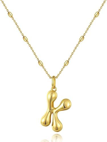 KissYan Bubble Letter Necklace,14K Gold Plated Balloon Initial Pendant with Bead Chain Dainty Jew... | Amazon (US)