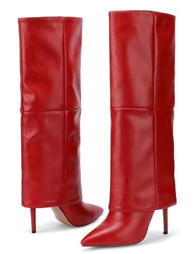 CNNOVALY Fold over Red Knee High Boots for Women High Heel Boots Sexy Tall Boots Stiletto Pointed Toe Shoes 7.5 US | Amazon (US)
