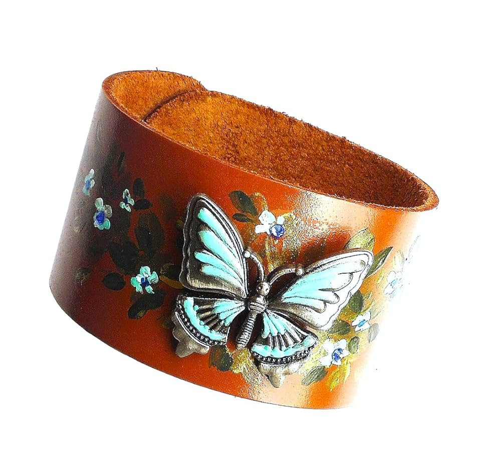 Adjustable Silver Plated and Turquoise Butterfly Stud Brown Leather Cuff Bracelet with Painted Fl... | Amazon (US)