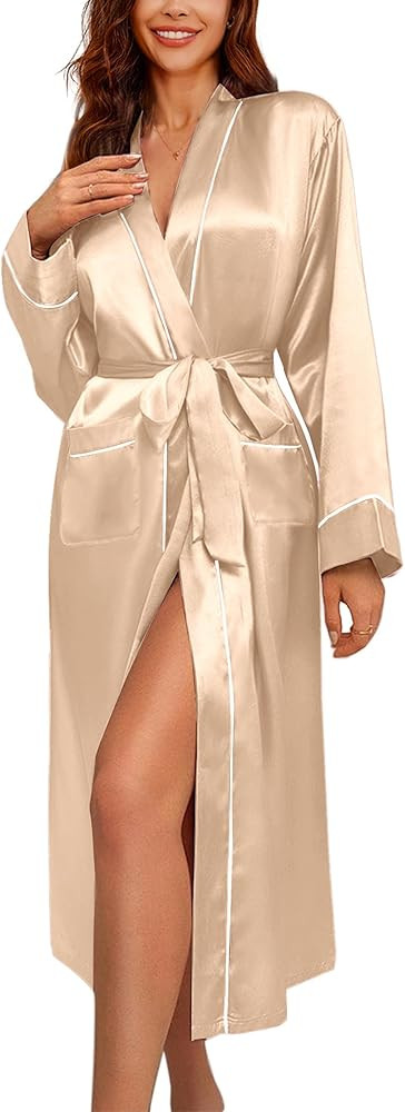 Ekouaer Satin Robes for Women Long Sleeve Silk Bathrobe Soft Lightweight Full Length Sleepwear Br... | Amazon (US)