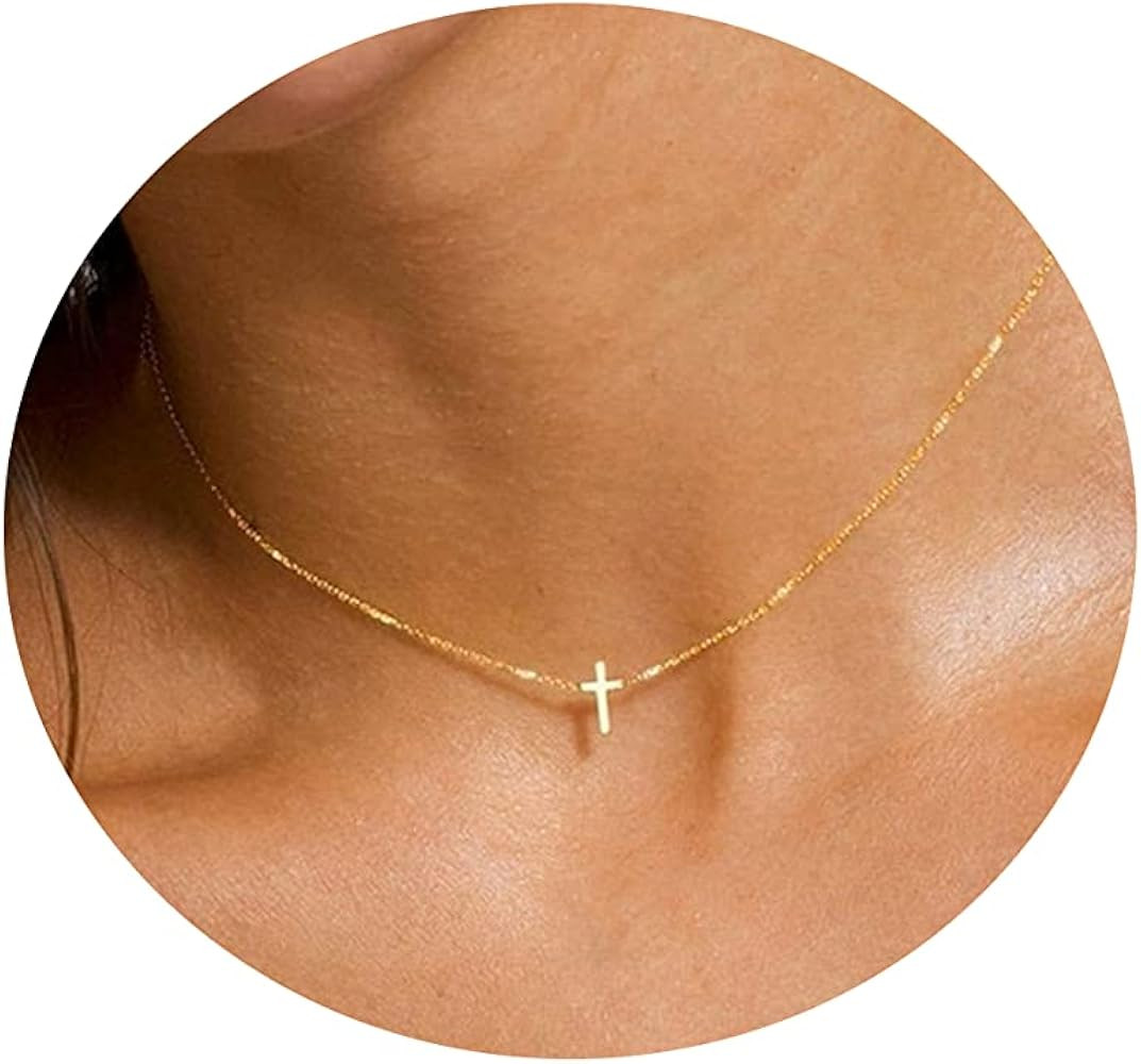 Mauzew 18K Gold Cross Pendant Necklaces for Women Simple Tiny Sideways Cross Choker Necklaces Dai... | Amazon (CA)