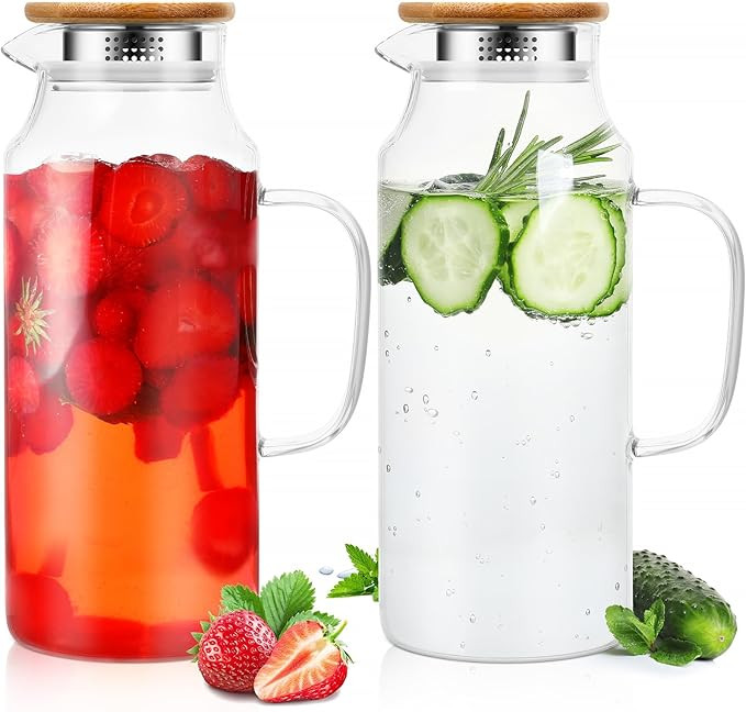 2 Pcs Glass Pitcher with Lid and Spout, Glass Carafe for Hot/Cold Water with Handle, Iced Tea Pit... | Amazon (US)