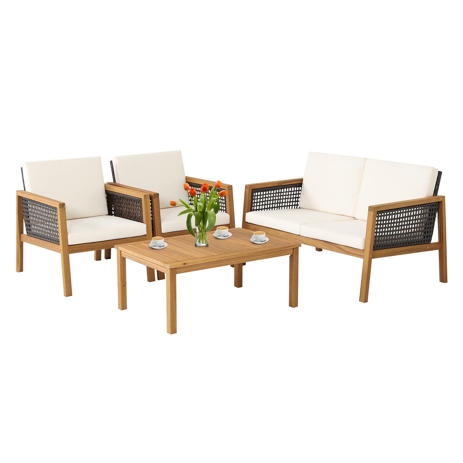 PATIOJOY 4 Pieces Outdoor Acacia Wood Furniture Set, Outdoor PE Wicker Conversation Set with Coff... | Amazon (US)