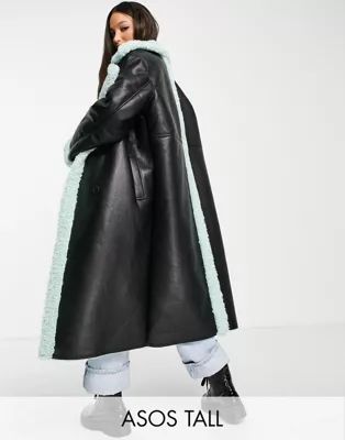 ASOS DESIGN Tall bonded sherpa trench coat in black and mint | ASOS | ASOS (Global)