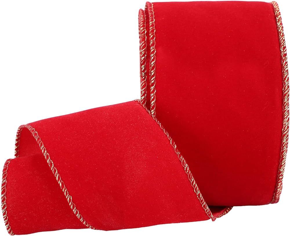 10 Yard 2.5 Inch Christmas Red Velvet Ribbon with Gold Wired Edges Xmas Ribbon Craft Fabric Ribbo... | Amazon (US)