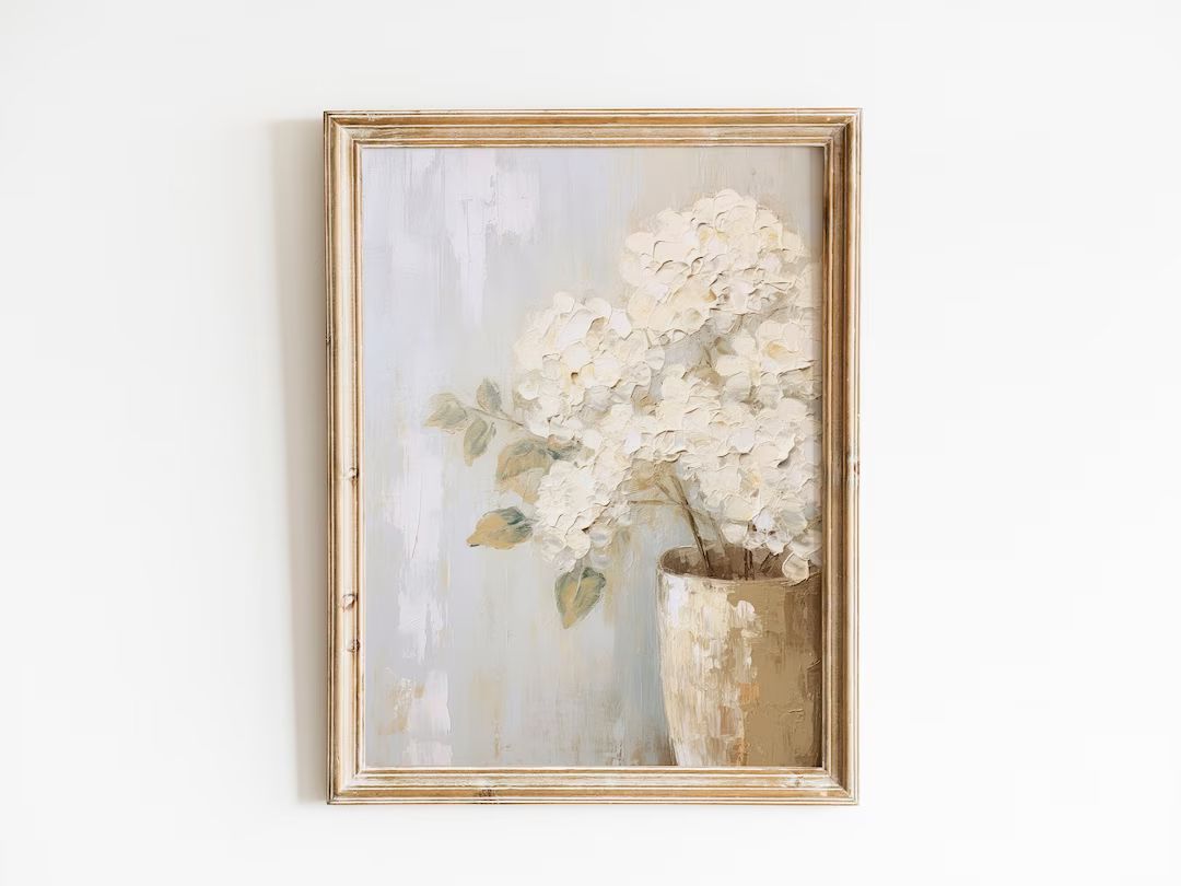 White Hydrangeas Muted Vintage Print | Farmhouse Wall Decor | Botanical Wall Art | Living Room Ar... | Etsy (US)