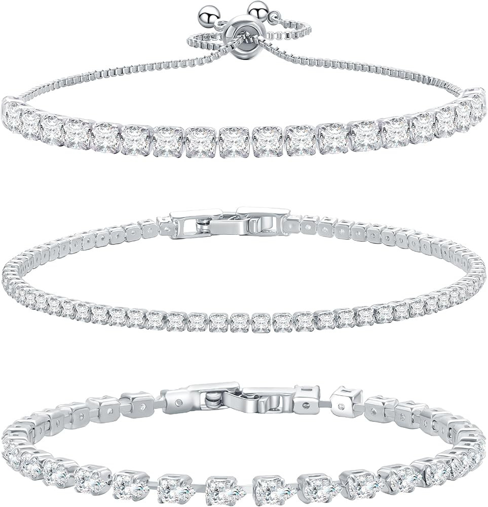 14K Silver Plated Tennis Bracelet Cubic Zirconia Classic Adjustable Bracelet Silver Bracelets for... | Amazon (US)
