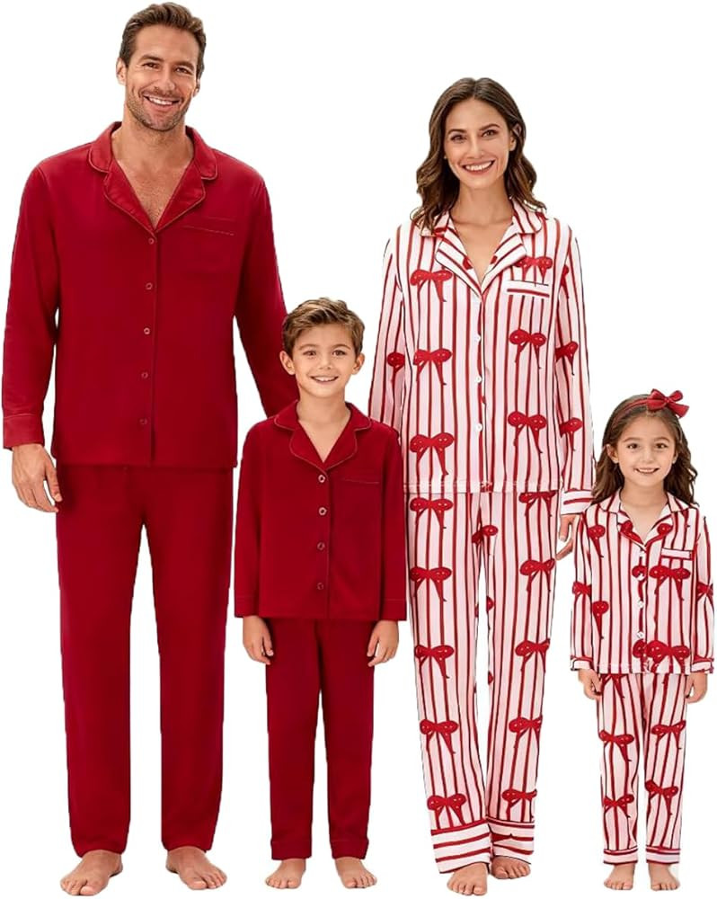 Awoscut Valentine's Day Family Pajamas Matching Sets Button Down Pajamas Stripe Bow Holiday Festi... | Amazon (US)