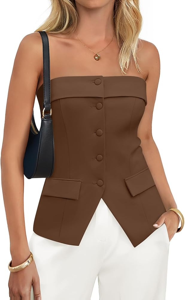 ZESICA Strapless Blazer Vest for Women 2026 Summer Going Out Sleeveless Button Down Dressy Tube V... | Amazon (US)