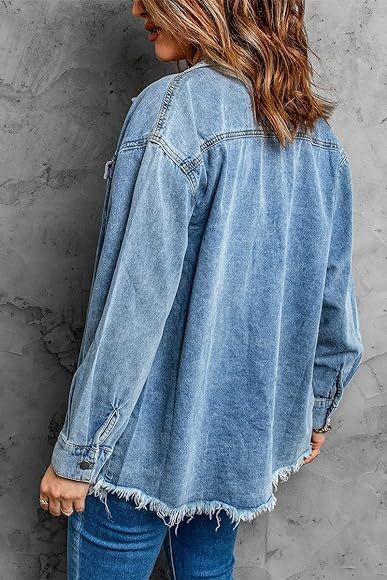 chouyatou Women's Distressed Oversize Frayed Hem Trucker Denim Jean Jacket Shirt Shacket | Amazon (CA)