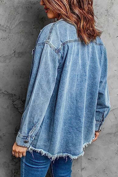 chouyatou Women's Distressed Oversize Frayed Hem Trucker Denim Jean Jacket Shirt Shacket | Amazon (CA)