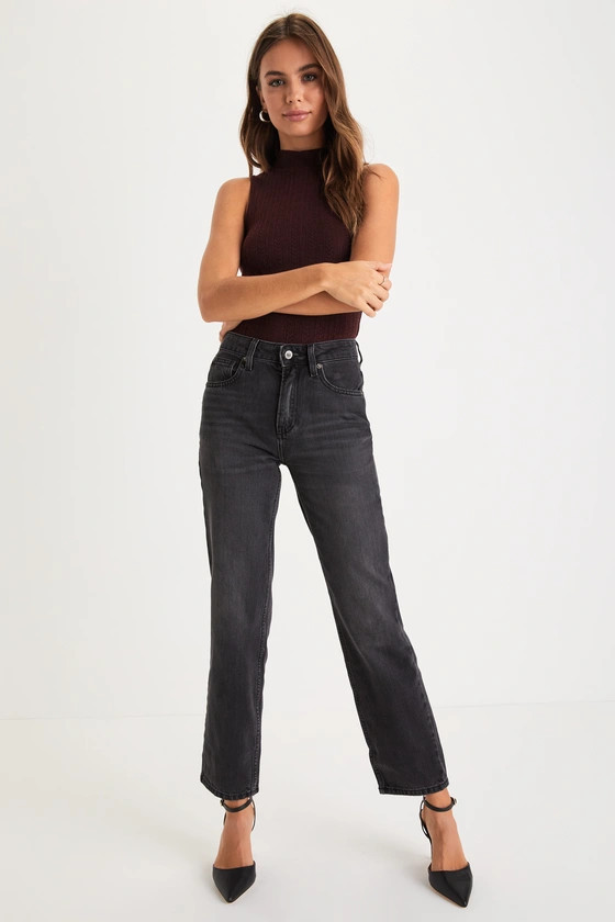 Pacifica Washed Black Denim High-Rise Straight Leg Jeans Black Jeans Outfit Fall Outfit Ideas Inspo | Lulus (US)