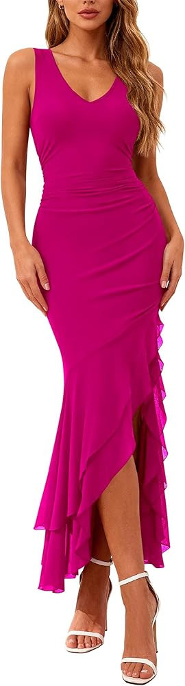 BTFBM Summer Dresses for Women 2026 Bodycon Ruched Sleeveless V Neck Solid Maxi Cocktail Wedding ... | Amazon (US)