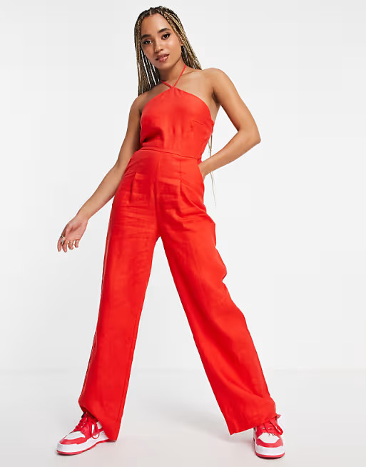 NA-KD halterneck linen jumpsuit in red | ASOS (Global)