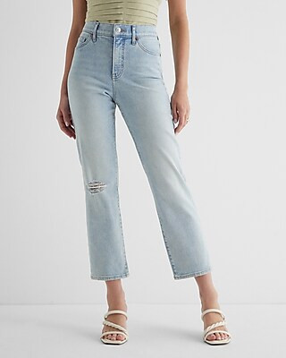 High Waisted Light Wash Ripped Straight Ankle Jeans | Express