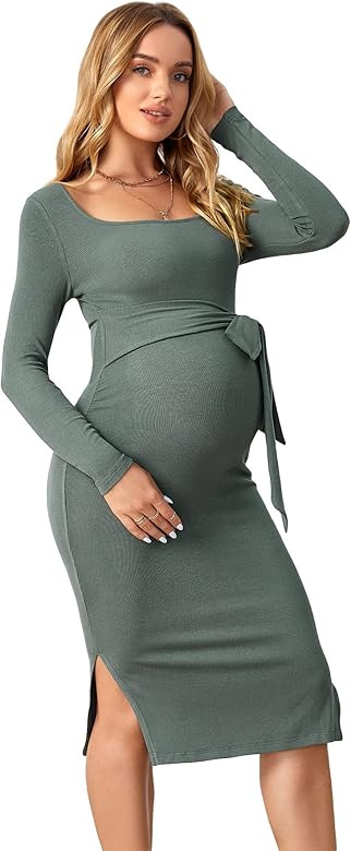 OYOANGLE Women's Maternity Rib Knit Split Hem Knot Front Square Neck Long Sleeve Bodycon Midi Dre... | Amazon (US)