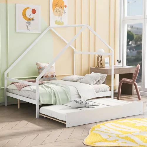 JINS & VICO Full Size Wooden House Bed with Trundle Bed, Wooden Slat Support, Sturdy Structure, N... | Walmart (US)