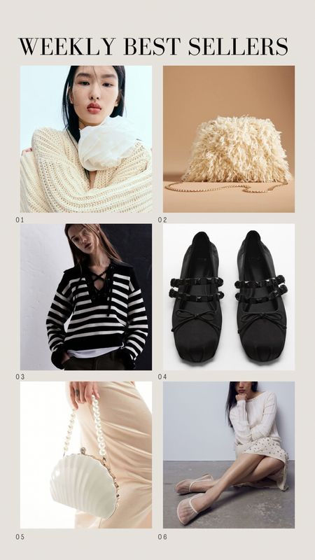The bestselling items from my LTK this week 🖤
White mesh ballet shoes | Shell box bag | Floral scarf necklace | Franky feather clutch | Satin ballerinas with studs | Lace up collared stripe jumper 

#LTKfindsunder50 #LTKshoecrush #LTKstyletip