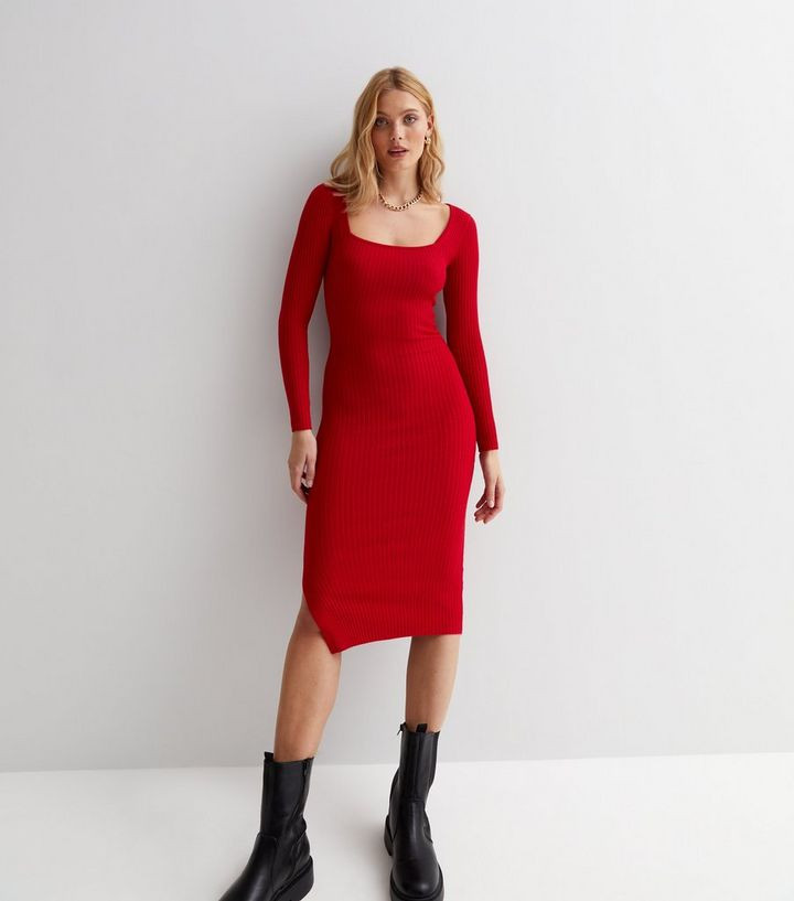 Red Square Neck Long Sleeve Bodycon Midi Dress | New Look | New Look (UK)
