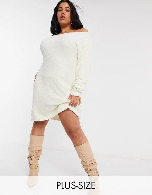 In The Style Plus x Billie Faiers off shoulder sweater dress in white | ASOS (Global)
