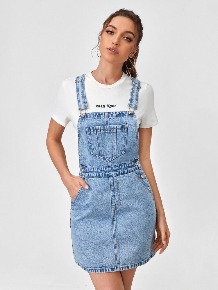 SHEIN BLUES Patched Pocket Overall Denim Dress Without Tee | SHEIN