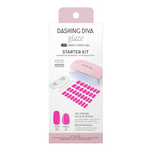 Dashing Diva Glaze Nail Starter Kit - Magenta Madness - Long Lasting, Chip Resistant, Semi-Cured Gel Nail Strips - 7-Piece Manicure Set with 32 Strips and Mini LED Lamp | Amazon (US)