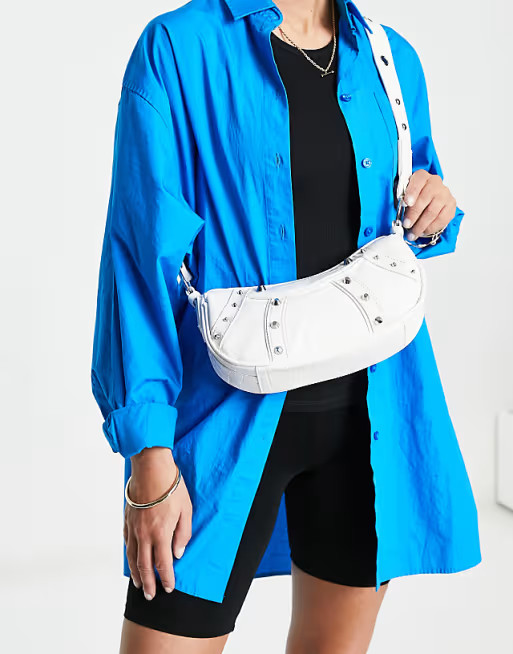 ASOS DESIGN curved crossbody bag with studding in white croc | ASOS (Global)