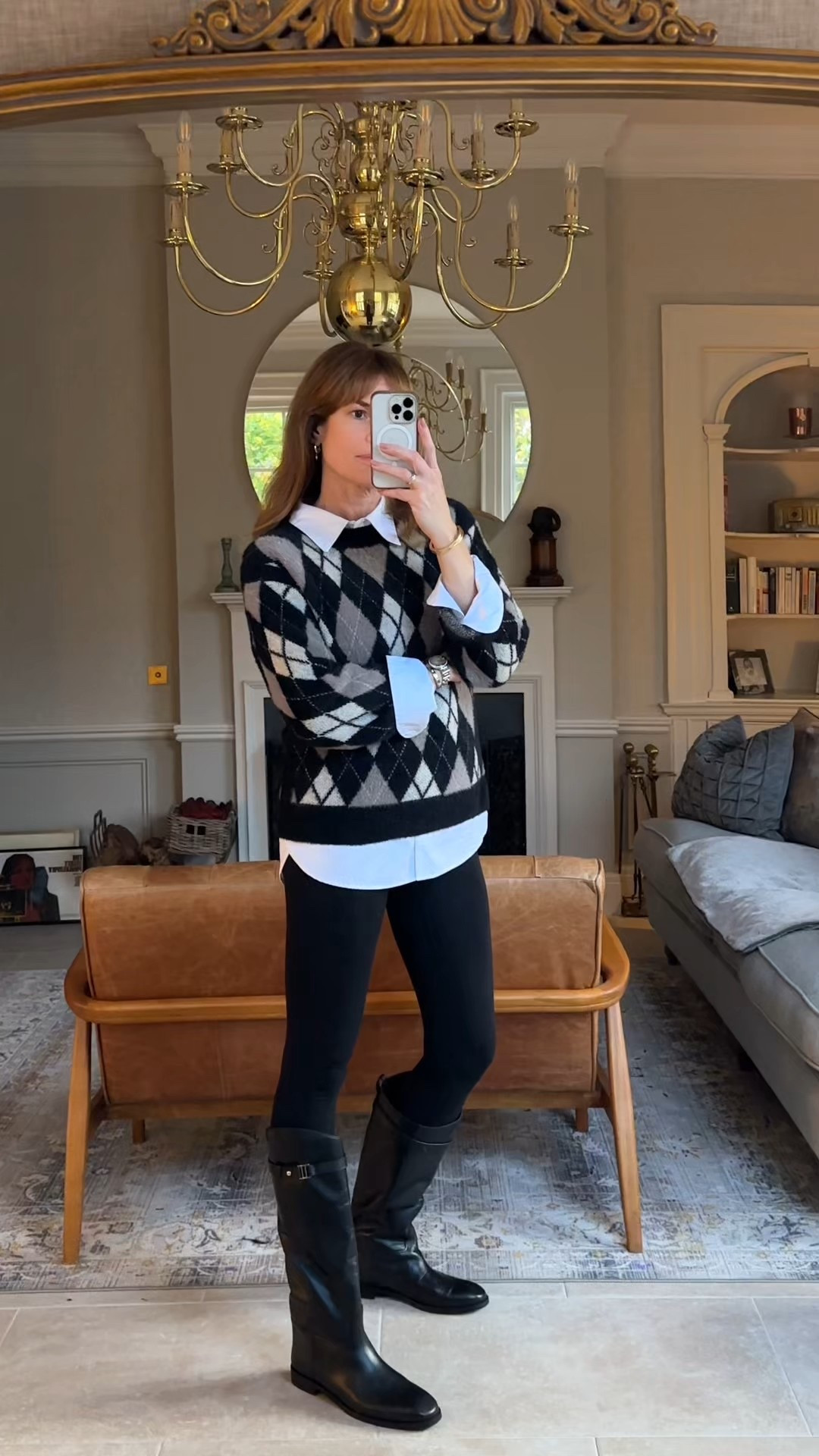 Argyle jumper size M
White shirt M
Black leggings S Tall
Black leather riding knee high boots

#LTKuk #LTKautumn #LTKstyletip